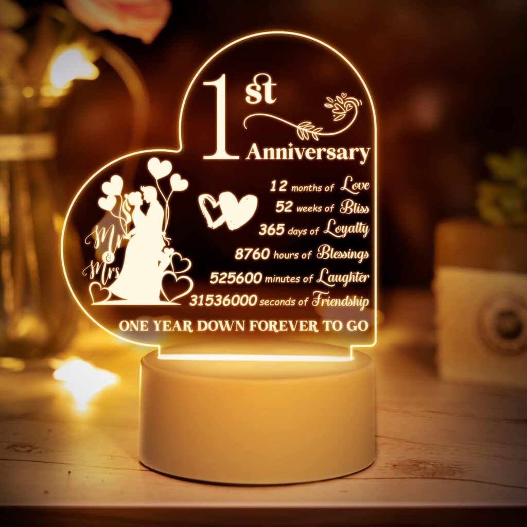 1st Anniversary Night Light Gifts for Couple First Wedding Anniversary LED Gifts for Wife Husband Paper Anniversary 1 Year of Marriage Gifts Acrylic Night Lamp with Romantic Saying