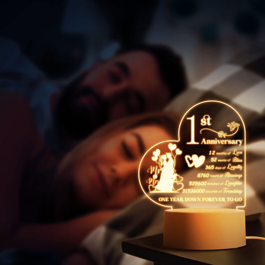 1st Anniversary Night Light Gifts for Couple First Wedding Anniversary LED Gifts for Wife Husband Paper Anniversary 1 Year of Marriage Gifts Acrylic Night Lamp with Romantic Saying