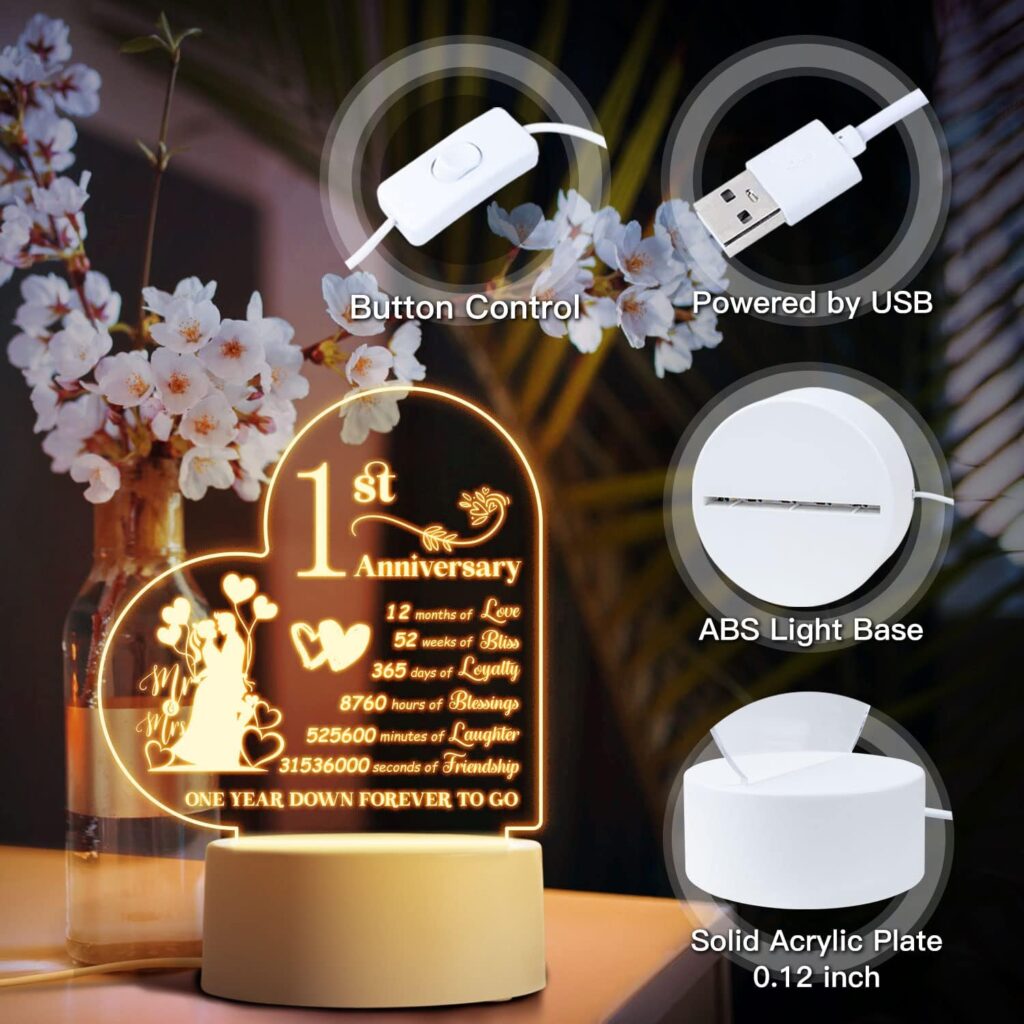 1st Anniversary Night Light Gifts for Couple First Wedding Anniversary LED Gifts for Wife Husband Paper Anniversary 1 Year of Marriage Gifts Acrylic Night Lamp with Romantic Saying