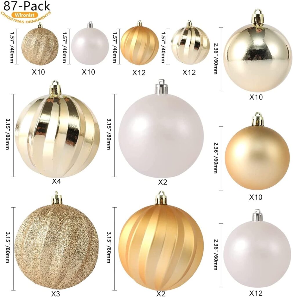 87-Pack Shatterproof Christmas Ball Ornaments Set, Christmas Tree Decorations with Hand-held Gift Package for Xmas Tree Holiday Wedding Party, Gold