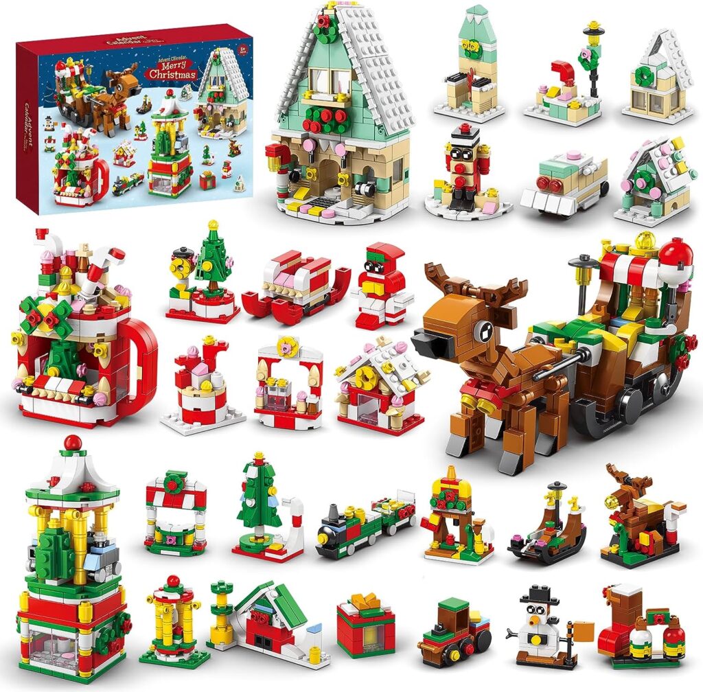 Advent Calendar 2023 Christmas Building Toy Set - 24 Days Countdown Building Block for Kids - Xmas Train Reindeer - Countdown to Christmas Building Kit for Boys Girls - 1099Pcs, 6 in 1, Total 28 Model