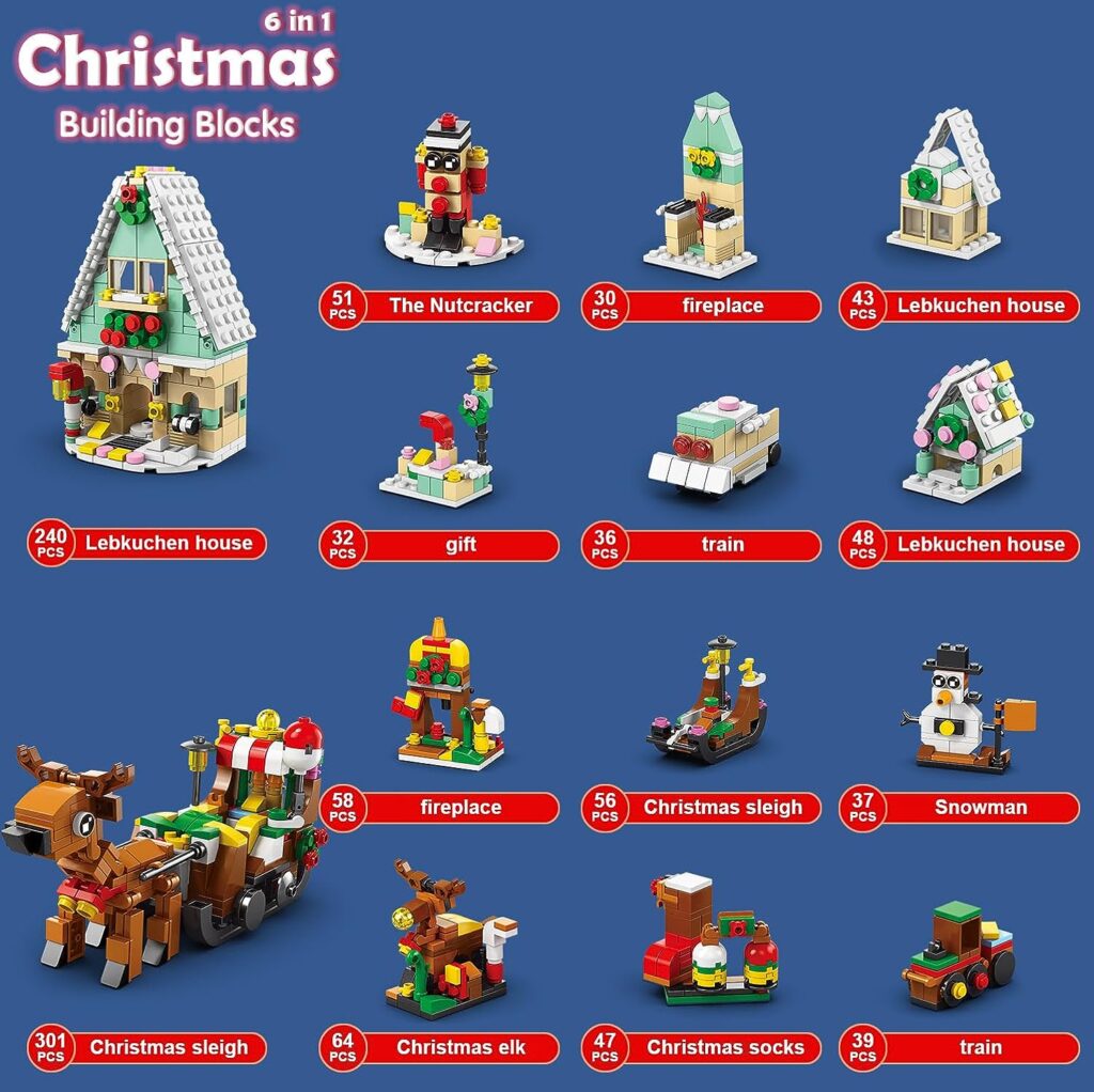 Advent Calendar 2023 Christmas Building Toy Set - 24 Days Countdown Building Block for Kids - Xmas Train Reindeer - Countdown to Christmas Building Kit for Boys Girls - 1099Pcs, 6 in 1, Total 28 Model