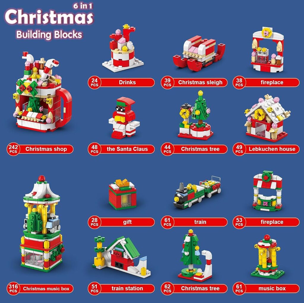 Advent Calendar 2023 Christmas Building Toy Set - 24 Days Countdown Building Block for Kids - Xmas Train Reindeer - Countdown to Christmas Building Kit for Boys Girls - 1099Pcs, 6 in 1, Total 28 Model