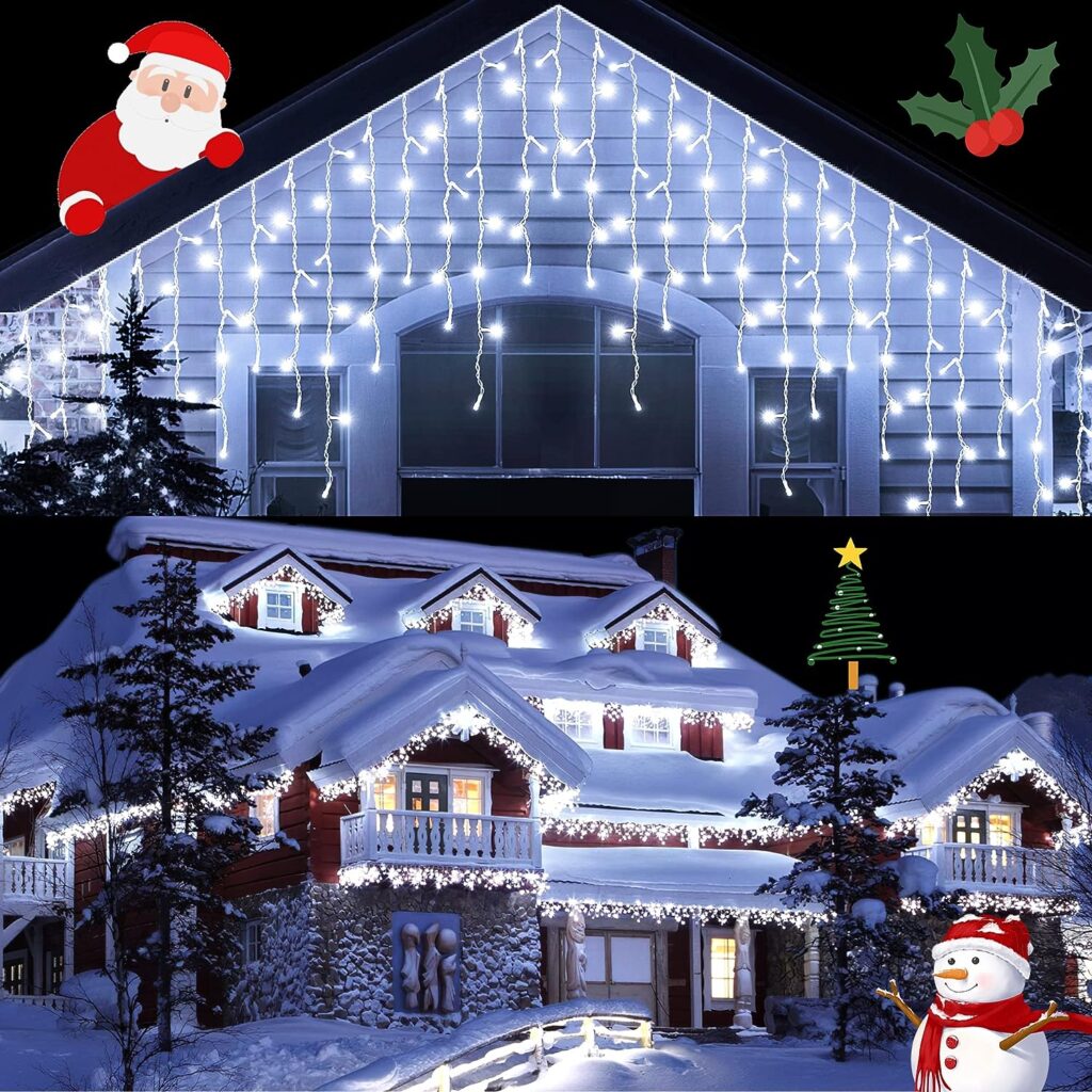 AmyHomie 400 LED Icicle Lights, Icicle Christmas Lights Outdoor Waterproof String Lights with 80 Drops, 8 Modes Indoor Halloween Lights for Wedding Party Holiday Xmas Decorations Cool White