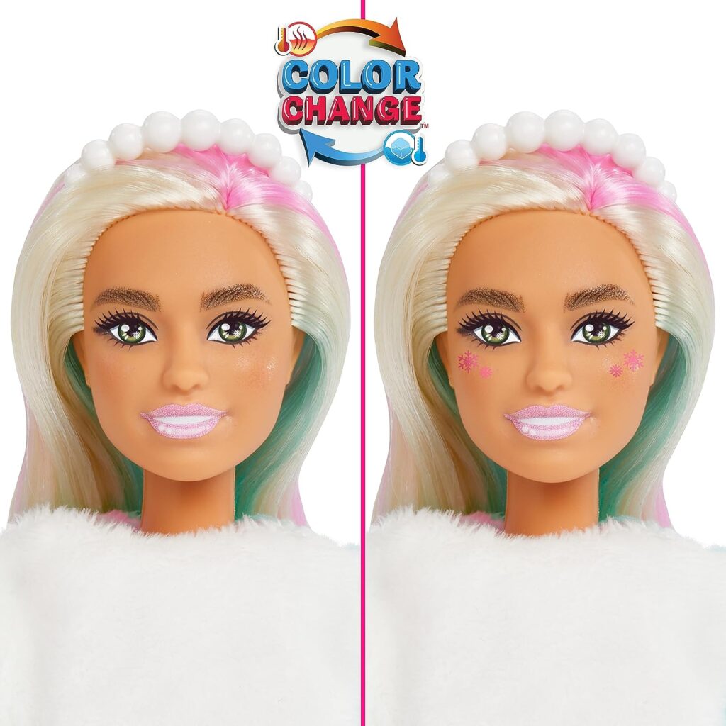 Barbie Cutie Reveal Advent Calendar Doll, Blue Pink Hair, 25 Surprises Include Clothes, Accessories Color-Change Pets