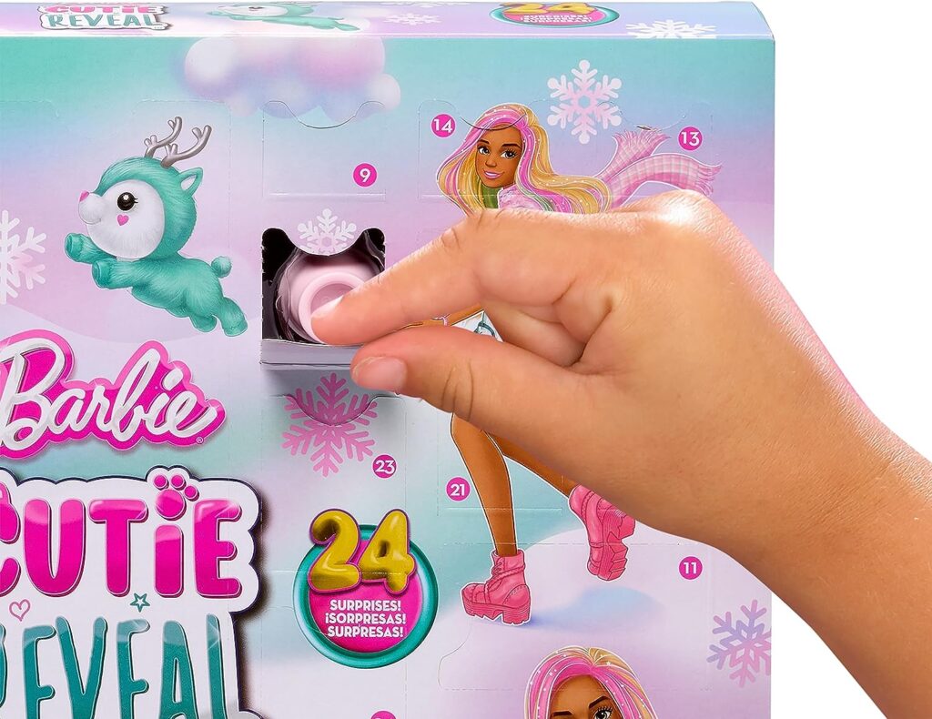 Barbie Cutie Reveal Advent Calendar Doll, Blue Pink Hair, 25 Surprises Include Clothes, Accessories Color-Change Pets