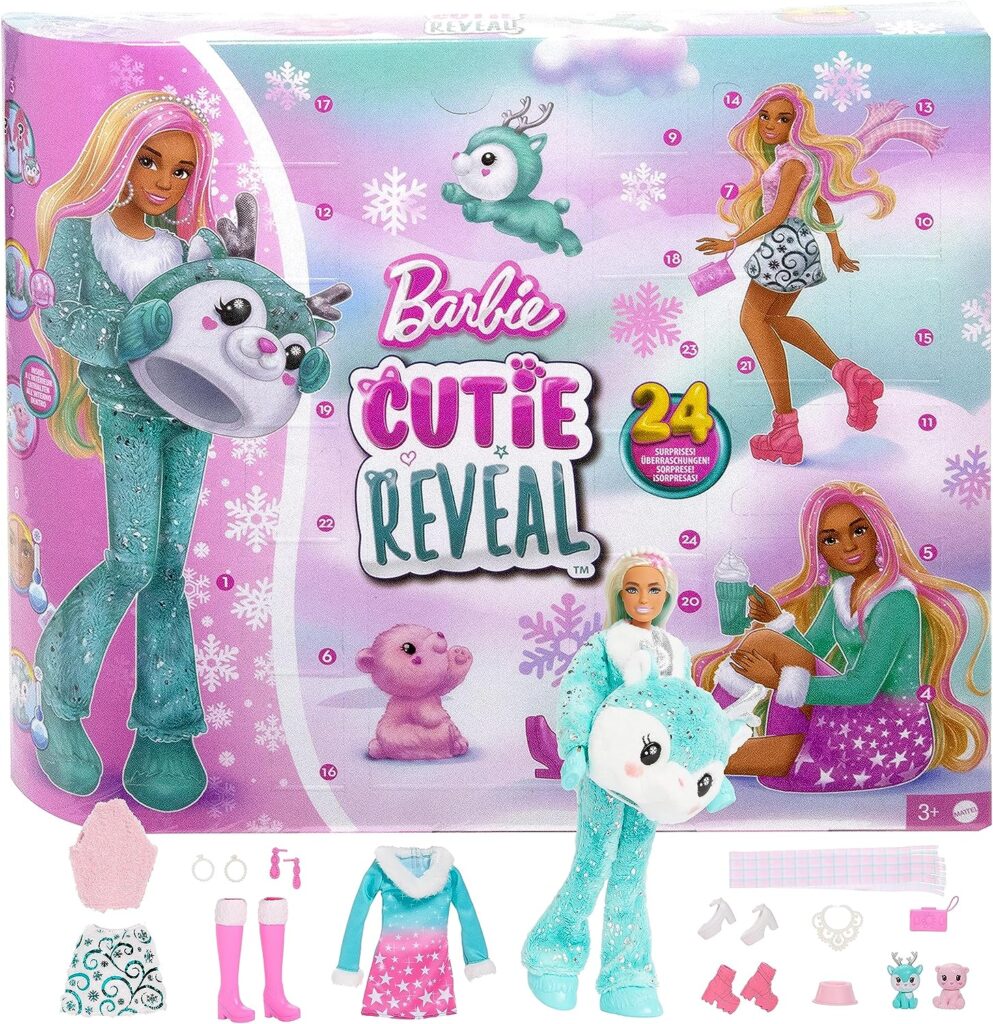 Barbie Cutie Reveal Advent Calendar Doll, Blue Pink Hair, 25 Surprises Include Clothes, Accessories Color-Change Pets