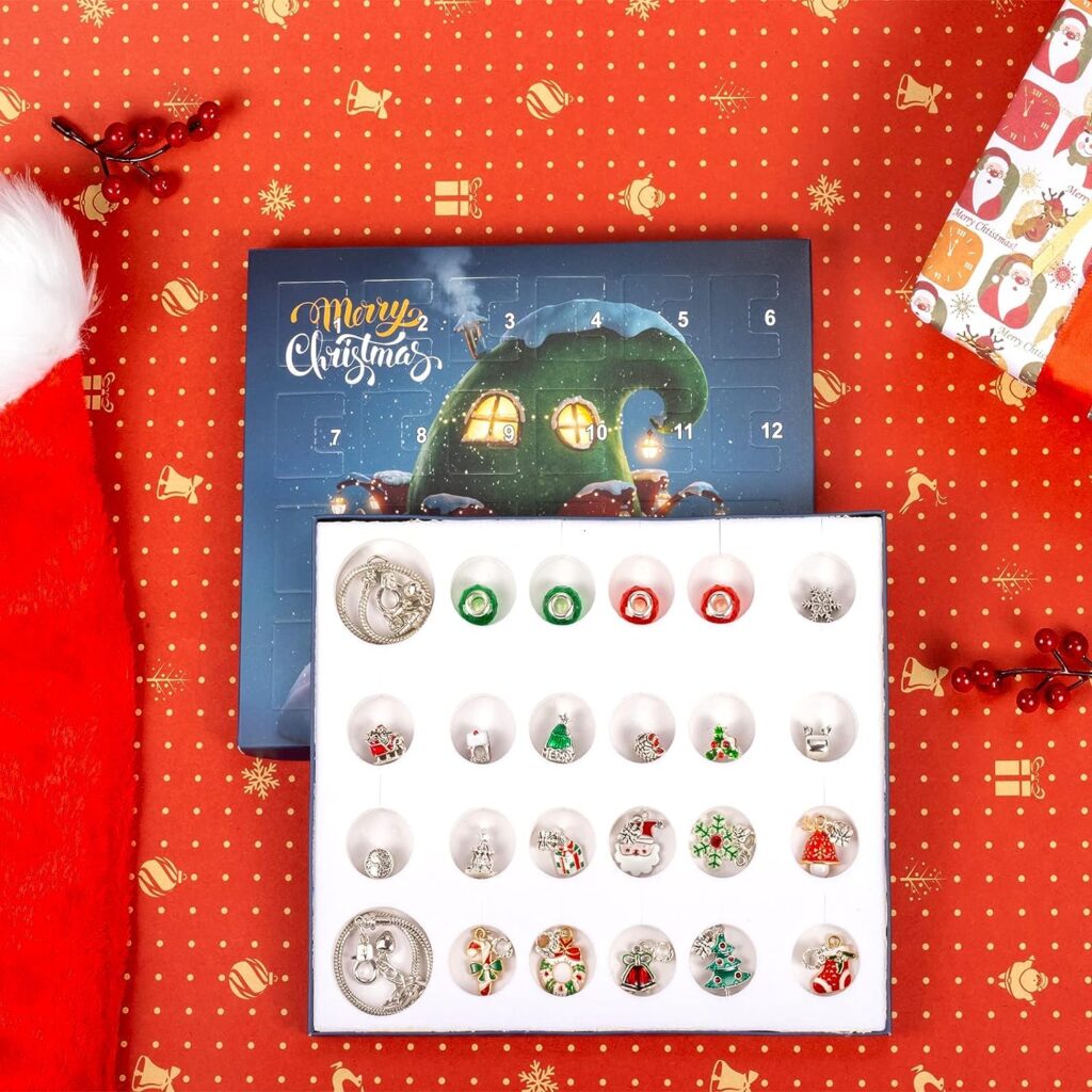 Christmas Advent Calendar Bracelets 2023 for Girls 24 Days Xmas Countdown Calendar DIY Jewelry Making Kit Gift 22 Charm Beads 2 Bracelets for Kids Teens Women