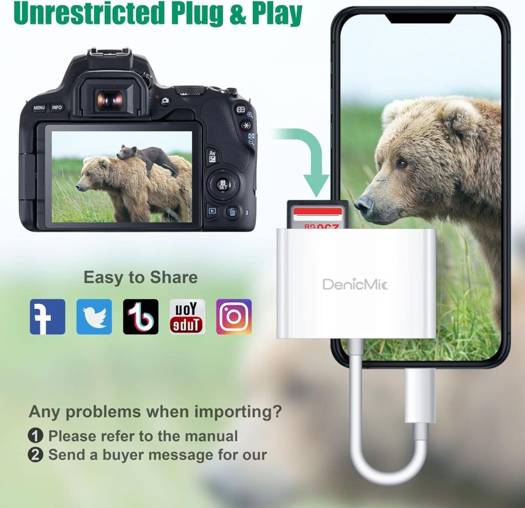 DenicMic SD CF Card Reader Compatible with iPhone/iPad SD CF TF Memory Card Reader Adapter Digital Trail Game Camera Accessories No Need App