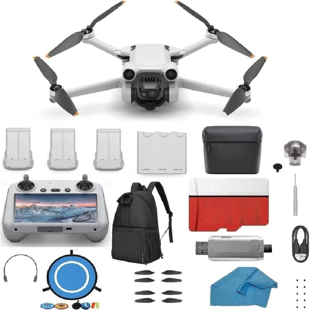 DJI Mini 3 Pro (DJI RC) - Fly More Kit Lightweight and Foldable 34-min Flight Time Camera Drone Bundle with Built in Monitor, with 128 GB SD, 3.0 USB Card Reader, Landing Pad, Backpack and More