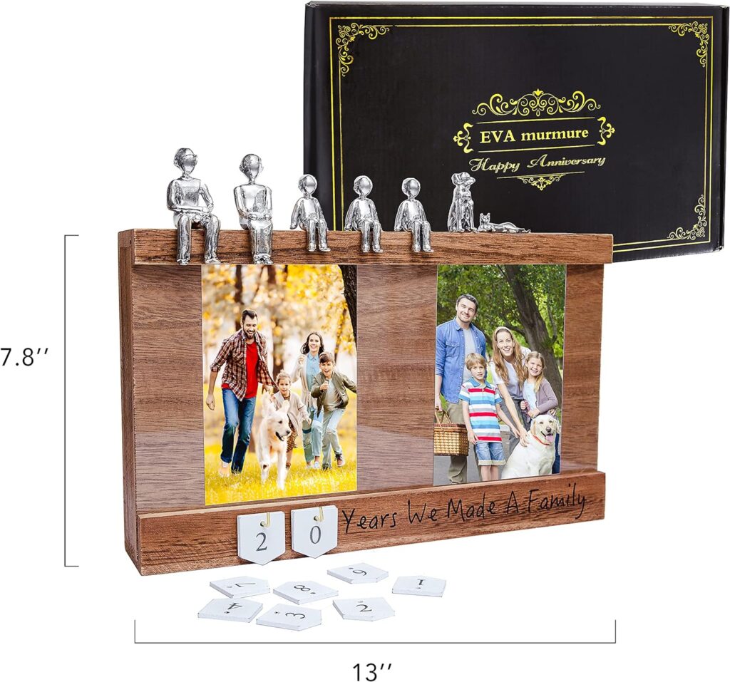 EVA murmure Personalized Romantic Wedding and Anniversary Keepsake Box with Family Statue - Wooden Memory Picture Box for Cherished Keepsakes and Ticket Storage - Elegant Couple Gift