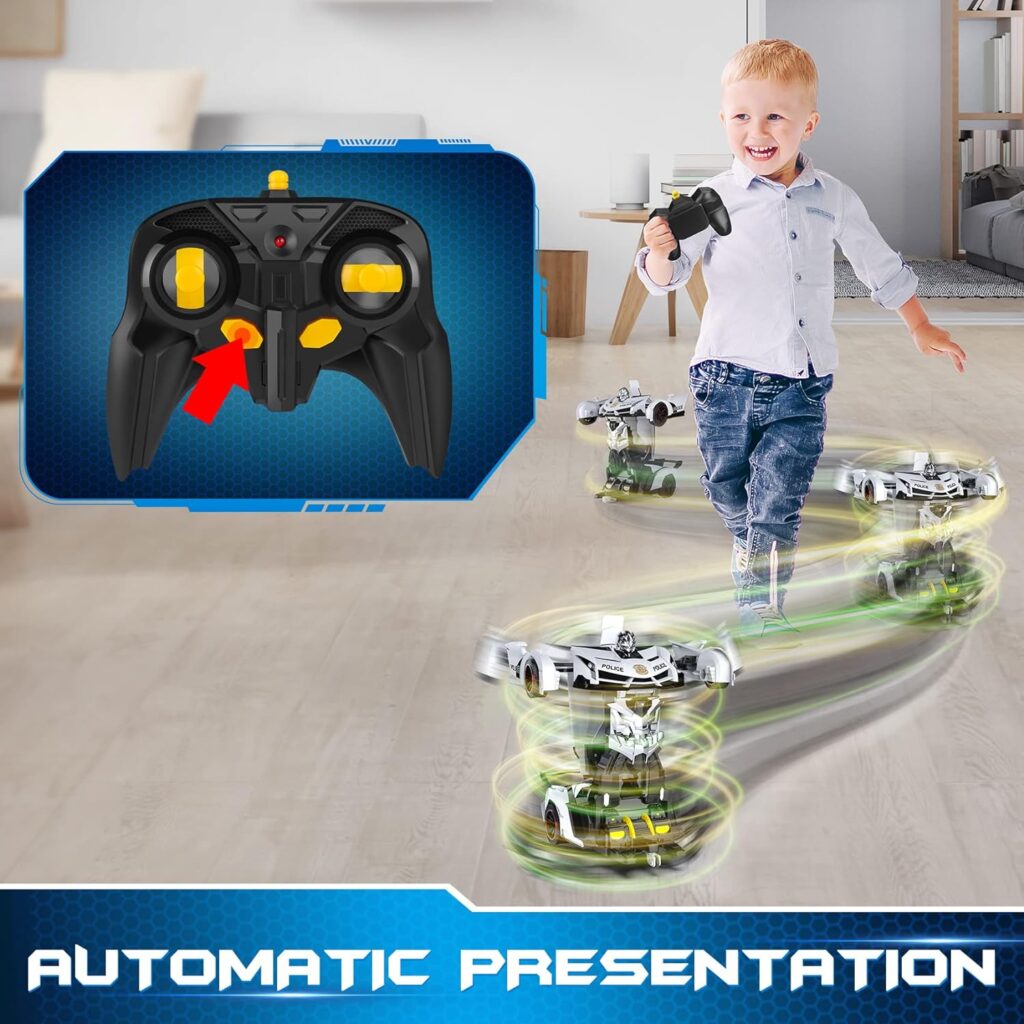 FDJ Remote Control Car - Transform Car Robot, One Button Deformation to Robot with Flashing Lights, 2.4Ghz 1:18 Scale Transforming Police Car Toy with 360 Degree Rotating Drifting for Boys and Girls