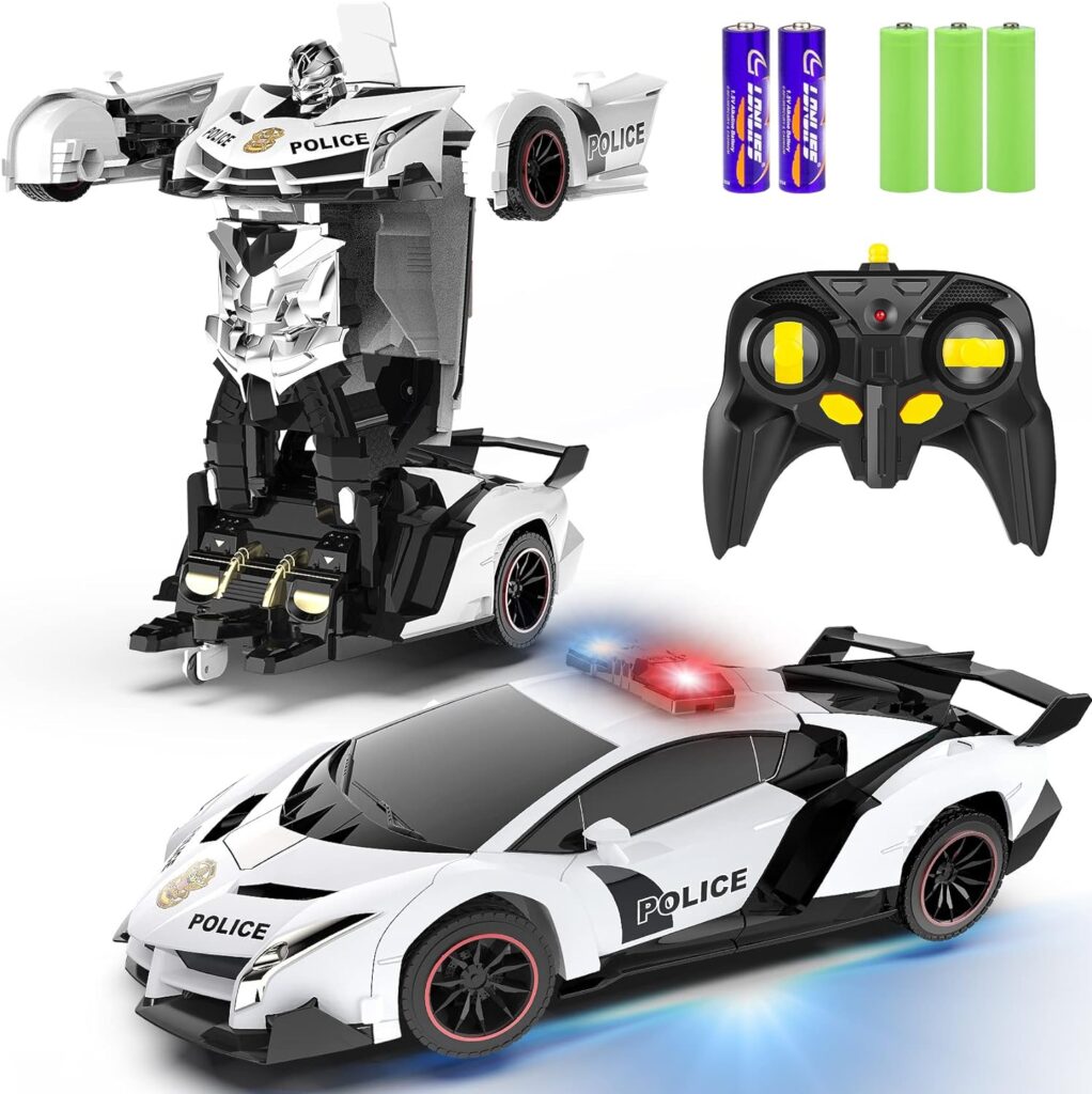 FDJ Remote Control Car - Transform Car Robot, One Button Deformation to Robot with Flashing Lights, 2.4Ghz 1:18 Scale Transforming Police Car Toy with 360 Degree Rotating Drifting for Boys and Girls