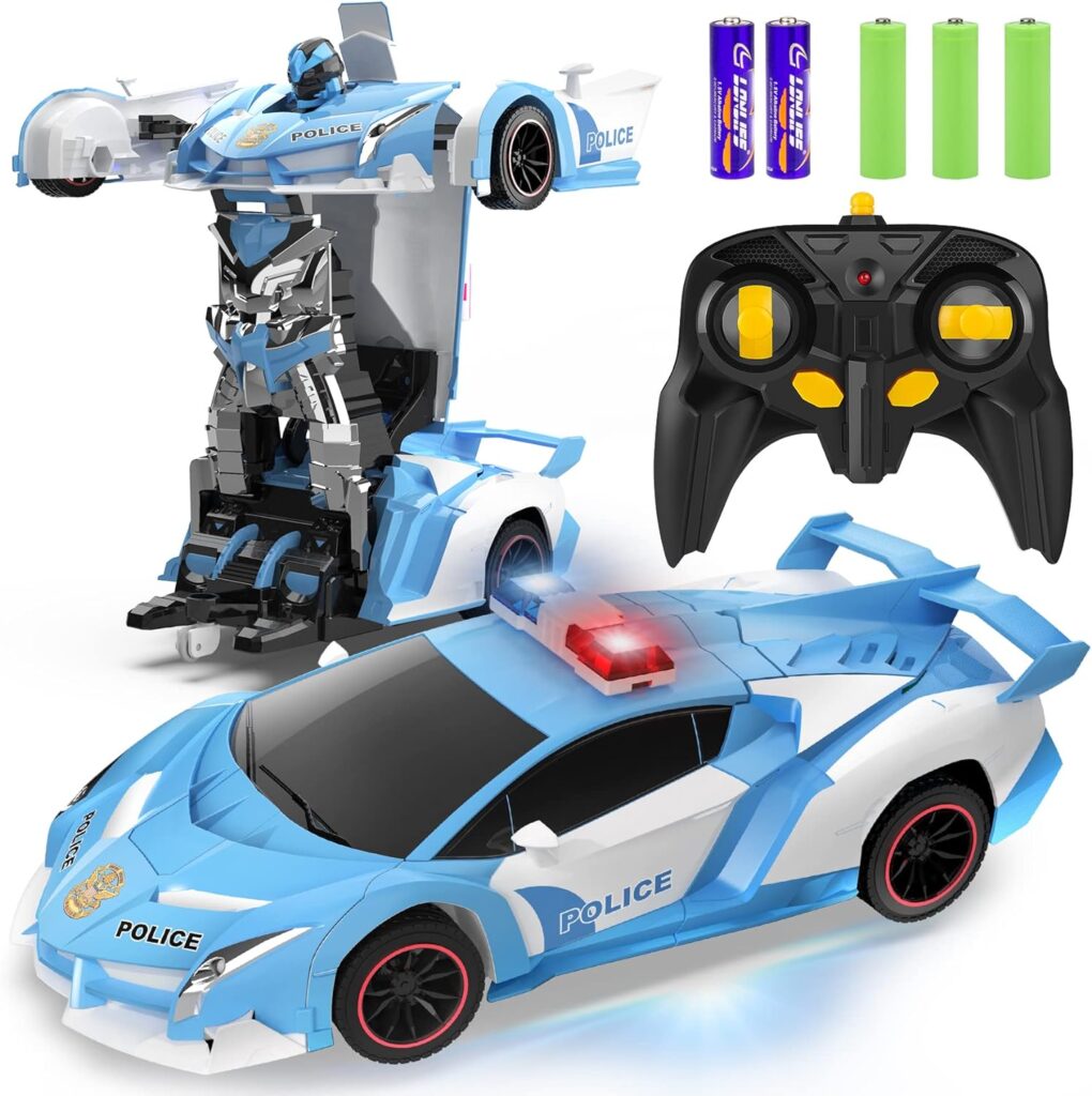 FDJ Remote Control Car - Transform Car Robot, One Button Deformation to Robot with Flashing Lights, 2.4Ghz 1:18 Scale Transforming Police Car Toy with 360 Degree Rotating Drifting for Boys and Girls