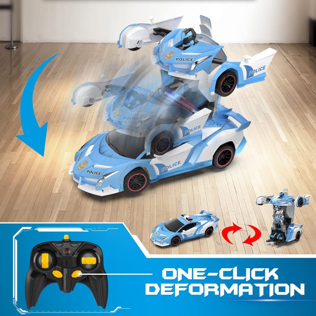 FDJ Remote Control Car - Transform Car Robot, One Button Deformation to Robot with Flashing Lights, 2.4Ghz 1:18 Scale Transforming Police Car Toy with 360 Degree Rotating Drifting for Boys and Girls