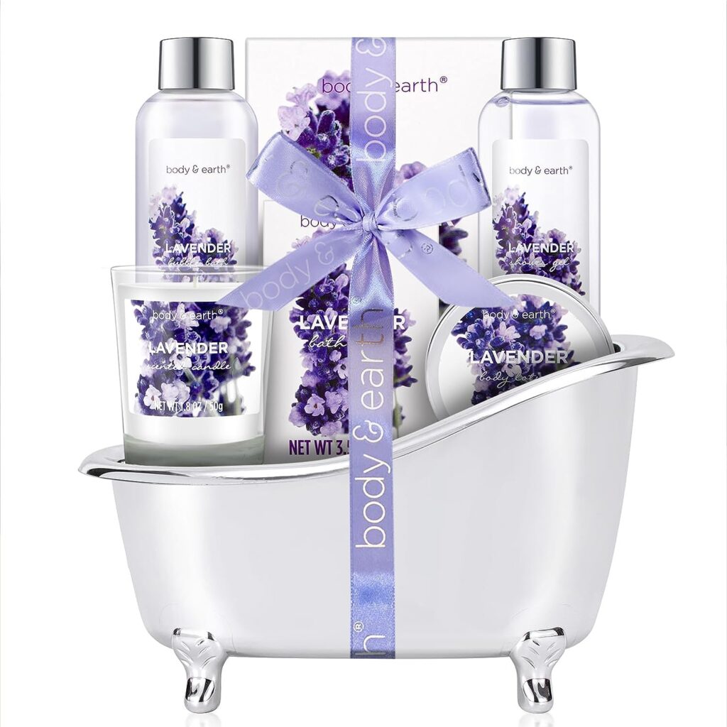 Gift Set for Women, Gift Basket for Women, Body Earth Women Bath Set Lavender Spa Baskets with Bubble Bath, Bath Salts, Body Lotion, Scented Candle,Gifts for Women,Fathers Day Gifts, Fathers Day Gift Basket