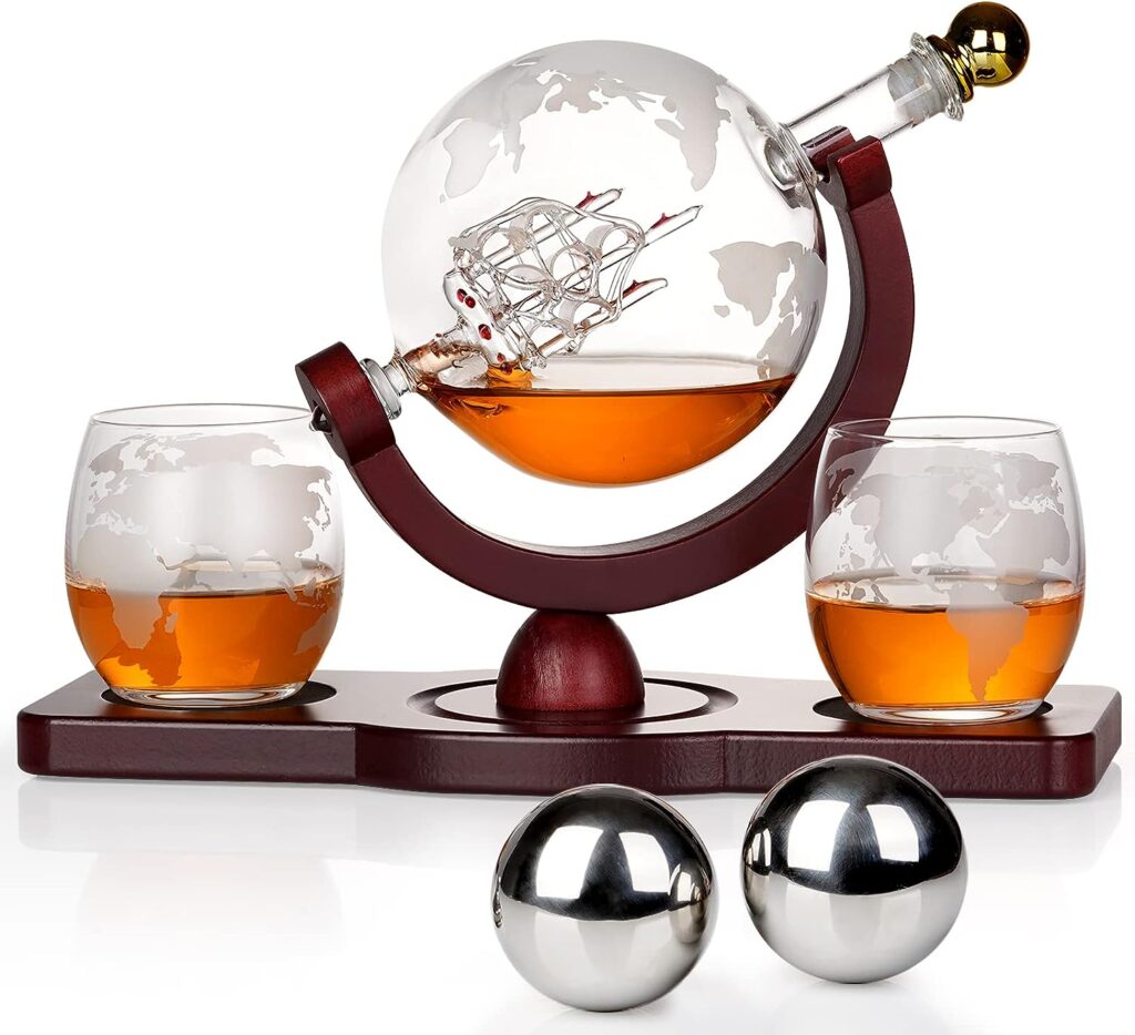 Gifts for Men Dad Fathers Day, Whiskey Decanter Globe Set with 2 Ball Stones 2 Glasses, Anniversary Birthday Gifts for Him Husband, Unique Christmas Gift for Bourbon Scotch Liquor Vodka, Cool Stuff