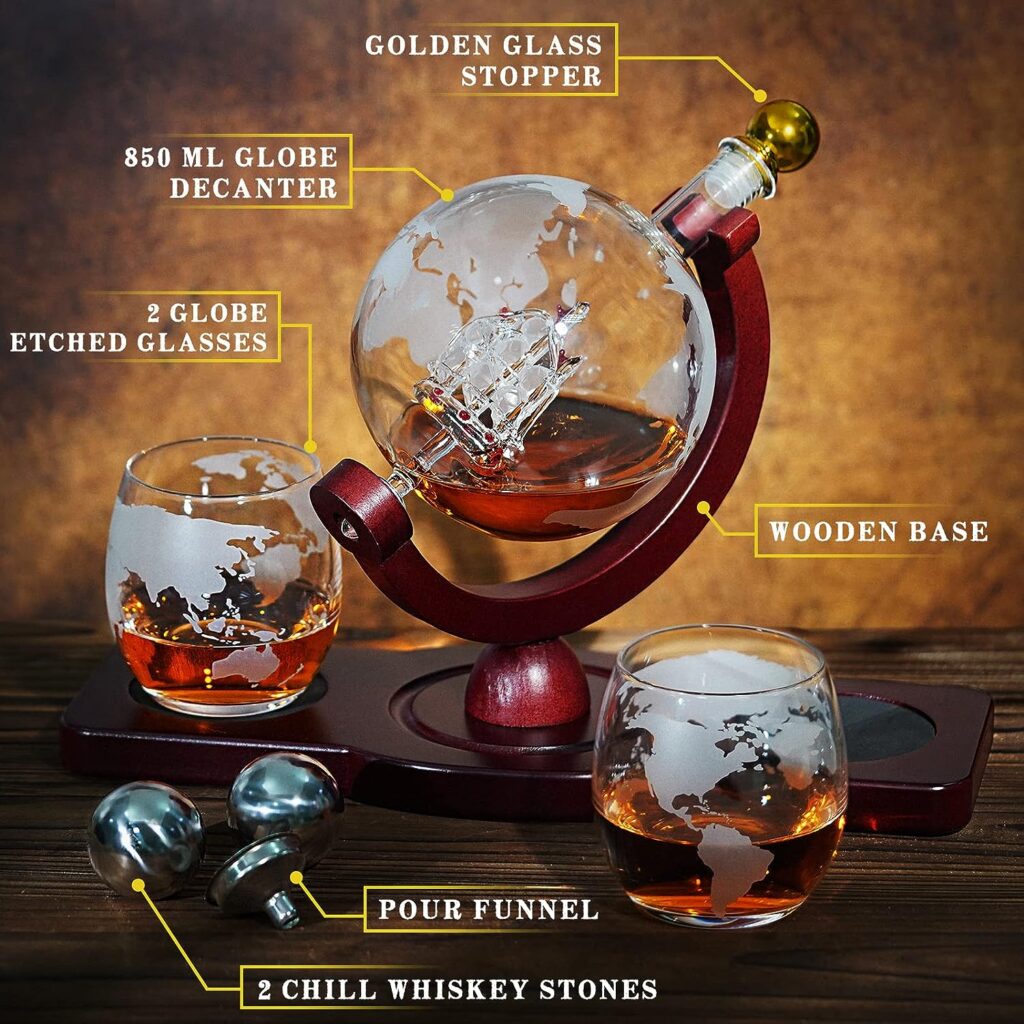 Gifts for Men Dad Fathers Day, Whiskey Decanter Globe Set with 2 Ball Stones 2 Glasses, Anniversary Birthday Gifts for Him Husband, Unique Christmas Gift for Bourbon Scotch Liquor Vodka, Cool Stuff