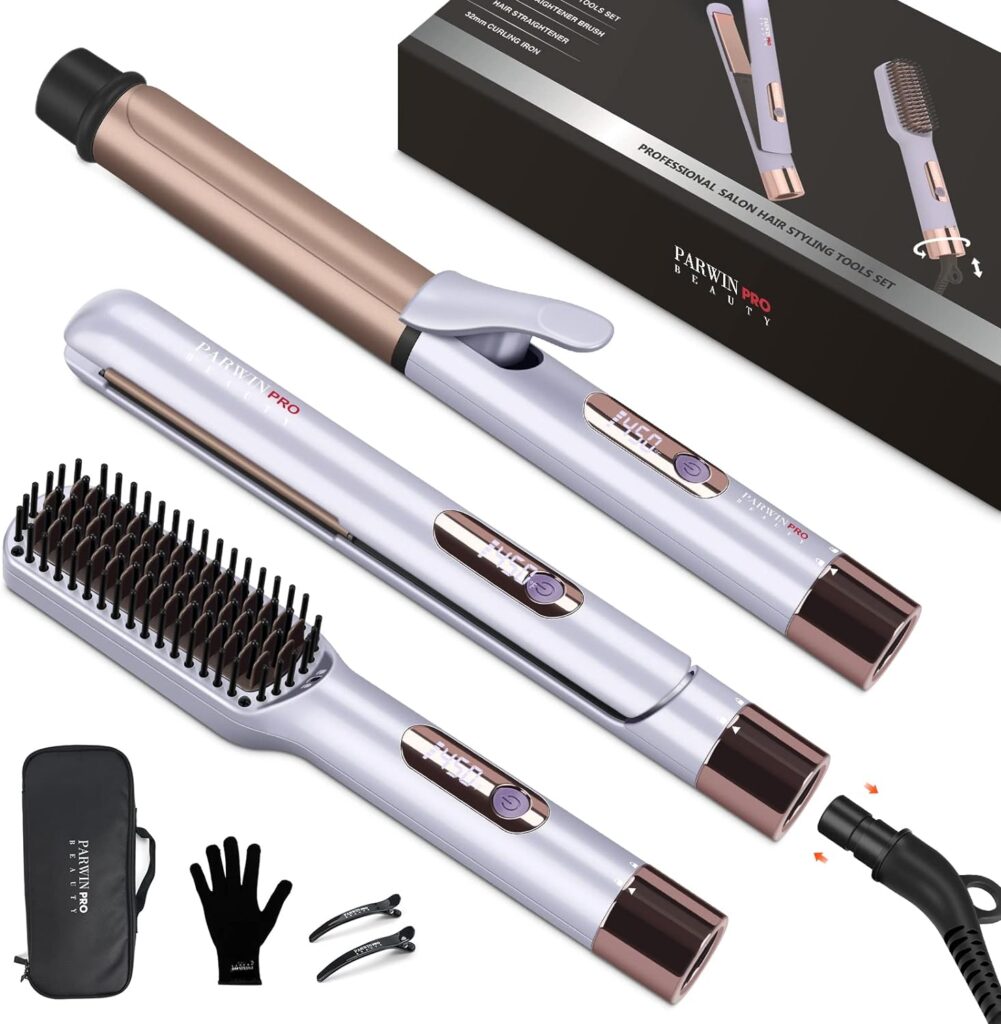 Hair Straightener and Curler, PARWIN PRO BEAUTY 1 Flat Iron,1.25 Curling Iron Hair Straightener Brush with Detachable Power Cord, LED Temp Control Instant Heat Up, Dual Voltage, for Home Travel