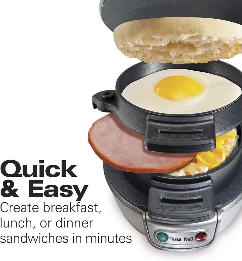 Hamilton Beach Breakfast Sandwich Maker with Egg Cooker Ring, Customize Ingredients, Perfect for English Muffins, Croissants, Mini Waffles, Dorm Room Essentials, Silver (25475A) Discontinued