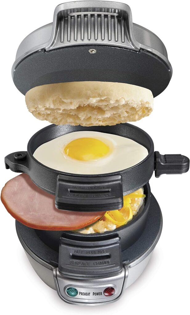 Hamilton Beach Breakfast Sandwich Maker with Egg Cooker Ring, Customize Ingredients, Perfect for English Muffins, Croissants, Mini Waffles, Dorm Room Essentials, Silver (25475A) Discontinued