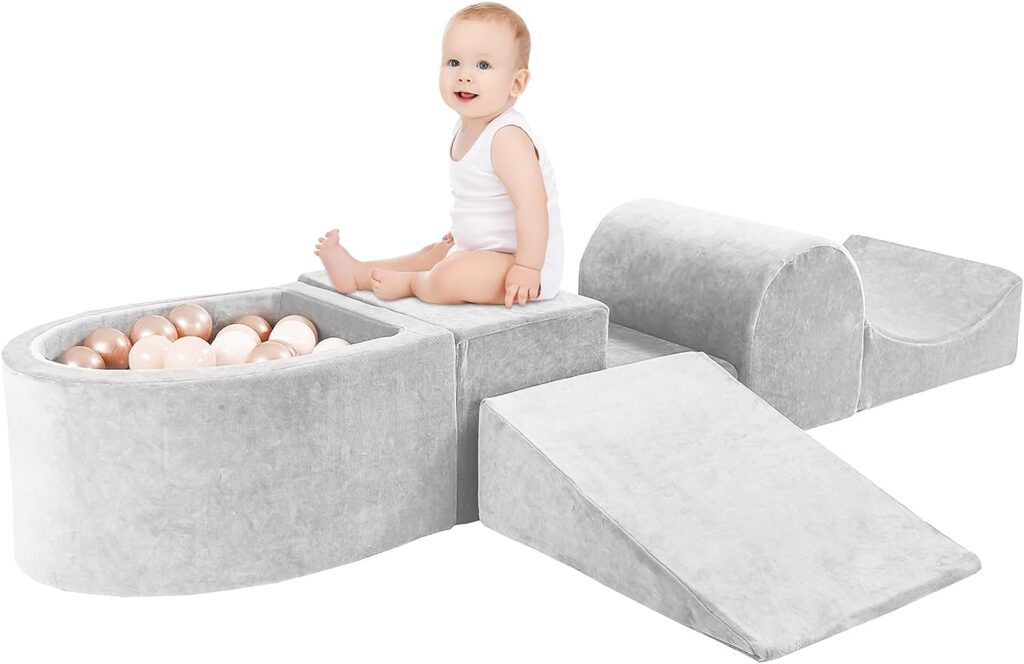 HOFISH 5-Piece Foam Playset for Toddler Children, Playset Designed Easy to Clean or Install, Children Indoor Active Climbing Crawling and Playing -(Balls NOT Included) Light Grey