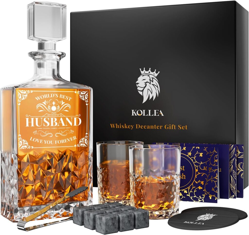 Kollea Husband Birthday Gifts, 27 Oz Whiskey Decanter Set with 2 Glasses, Unique Birthday Anniversary Wedding Gifts for Him Husband from Wife, Best Valentines Gifts for Men