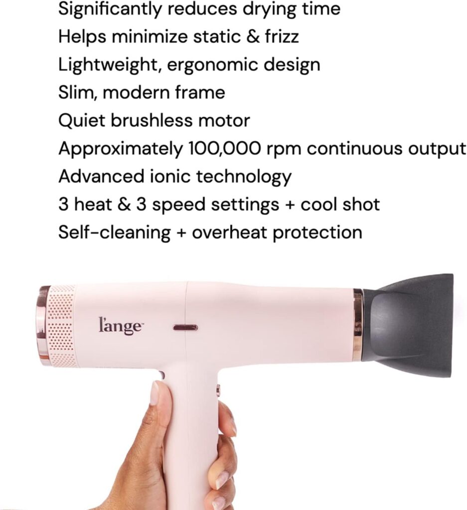 LANGE HAIR Le Styliste Luxury Hair Dryer | Quiet Brushless Blow Dryer with Diffuser | 1875 Watts for 4X Faster Drying | Hairdryer with 3 Heat Speed Settings | Best Hair Dryers for Blowouts (Blush)