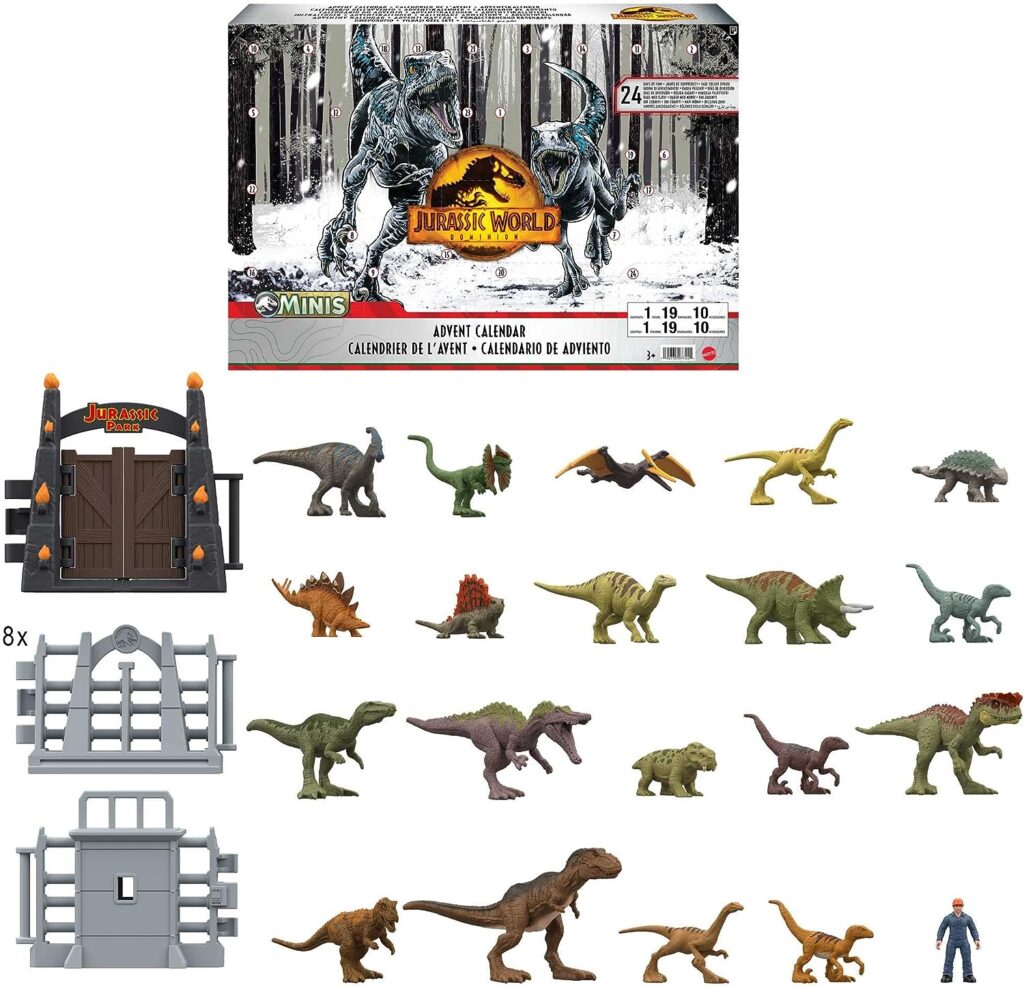 Mattel Jurassic World Dominion 2023 Holiday Advent Calendar, 24-Day Countdown, Daily Surprise of Mini Dinos, Humans Gate Pieces