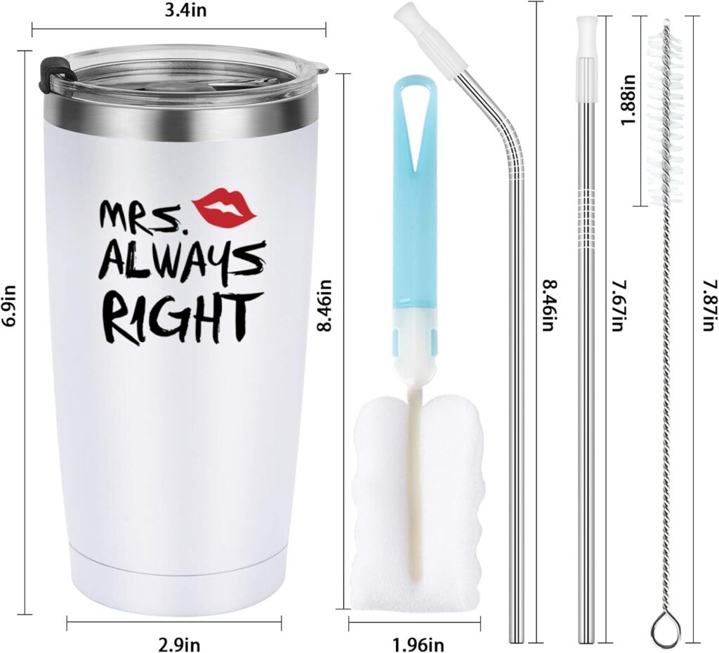 Mr. Right Mrs. Always Right Travel Tumbler Set, Wedding Engagement Gifts for Husband Wife Newlywed Couples Bride Groom Anniversary Bridal Shower, 20oz Stainless Steel Travel Tumbler, Black and White