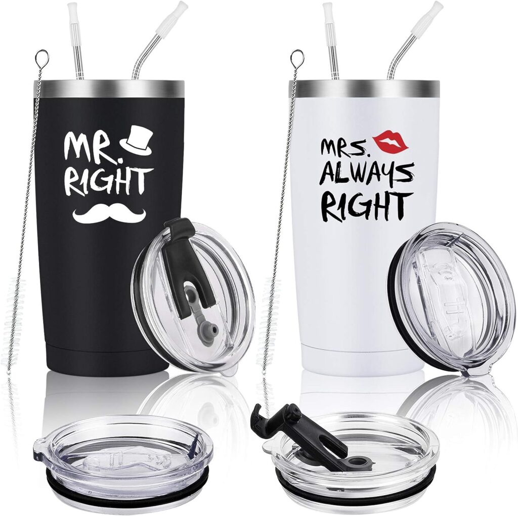 Mr. Right Mrs. Always Right Travel Tumbler Set, Wedding Engagement Gifts for Husband Wife Newlywed Couples Bride Groom Anniversary Bridal Shower, 20oz Stainless Steel Travel Tumbler, Black and White
