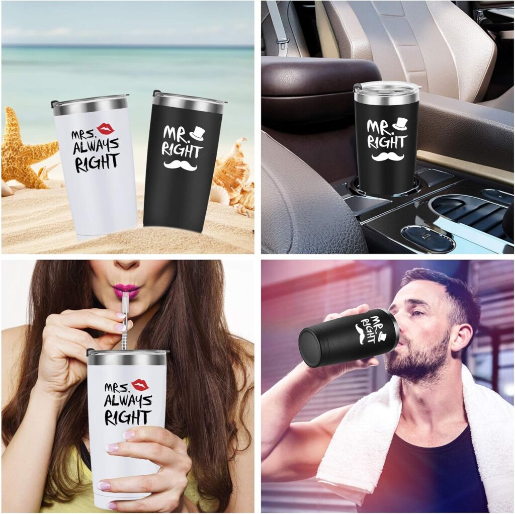 Mr. Right Mrs. Always Right Travel Tumbler Set, Wedding Engagement Gifts for Husband Wife Newlywed Couples Bride Groom Anniversary Bridal Shower, 20oz Stainless Steel Travel Tumbler, Black and White
