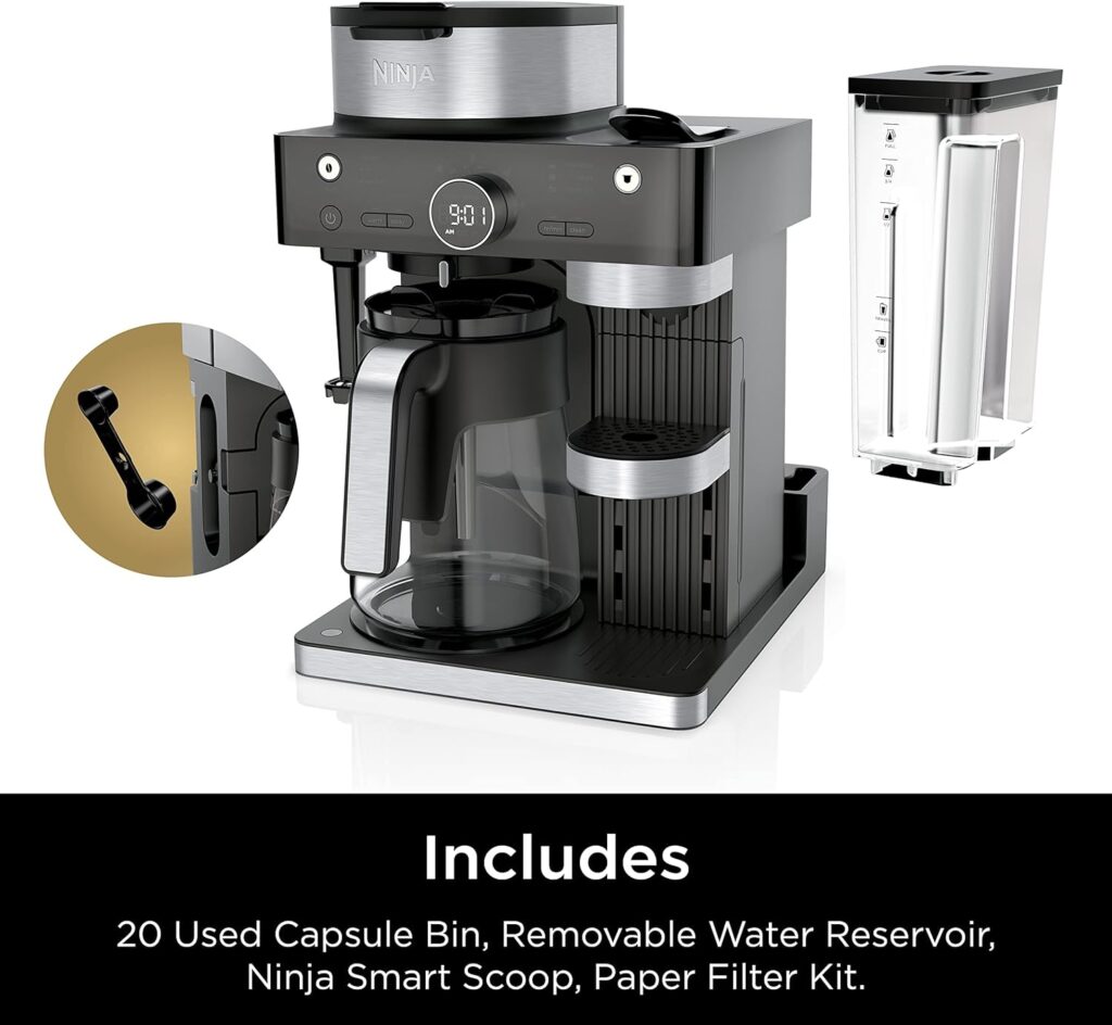 Ninja CFN601 Espresso Coffee Barista System, Single-Serve Coffee Nespresso Capsule Compatible, 12-Cup Carafe, Built-in Frother, Espresso, Cappuccino Latte Maker, Black Stainless Steel