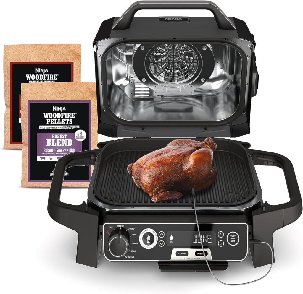 Ninja OG751BRN Woodfire Pro Outdoor Grill Smoker with Built-In Thermometer, 7-in-1 Master Grill, BBQ Smoker, Air Fryer, Bake, Roast, Dehydrate, Broil, Ninja Woodfire Pellets, Portable,Electric, Grey