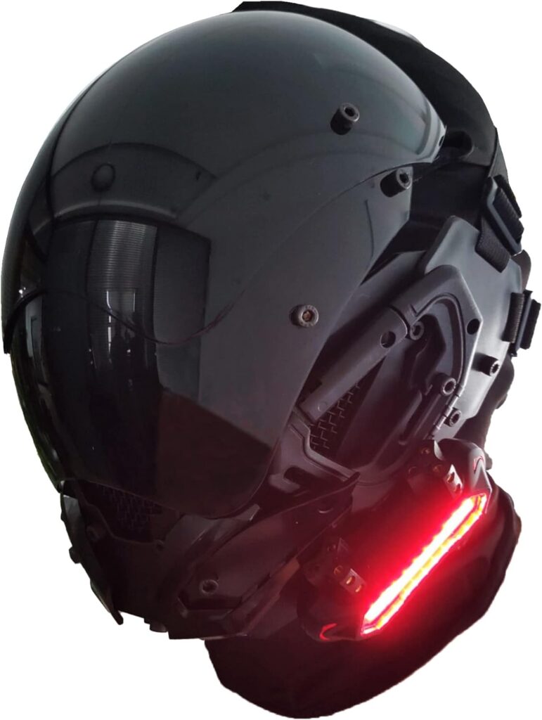 Punk Gothic Cyber Helmet Mask for Men,Techwear mask, Halloween Cosplay Costume Accessory with LED Light, Futuristic Helmet, Black