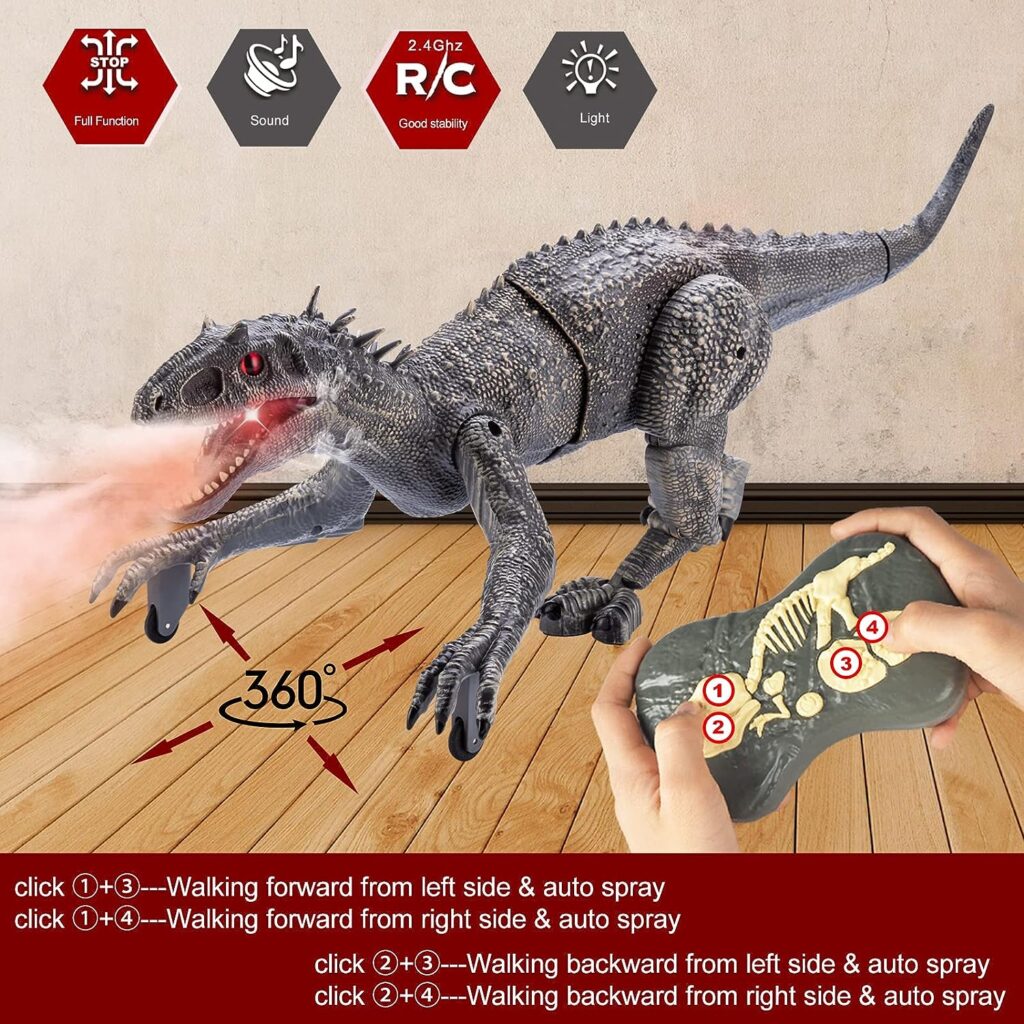 Remote Control Dinosaur Jurassic T Rex Toys for Boys Electronic RC Spray Raptor Toy LED Lightup Walking Roaring Tyrannosaurus Rex Rechargeable Christmas Birthday Gift for Kids Girls 3 5 7 Years Old
