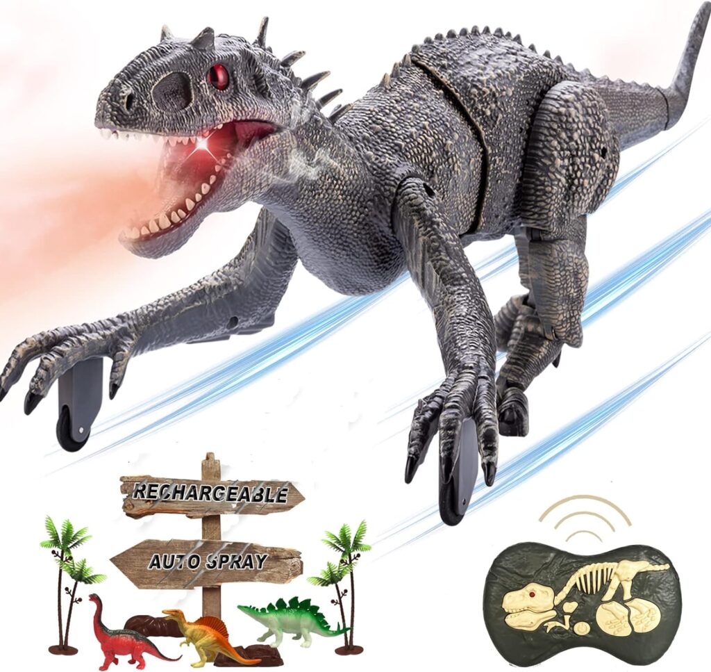 Remote Control Dinosaur Jurassic T Rex Toys for Boys Electronic RC Spray Raptor Toy LED Lightup Walking Roaring Tyrannosaurus Rex Rechargeable Christmas Birthday Gift for Kids Girls 3 5 7 Years Old