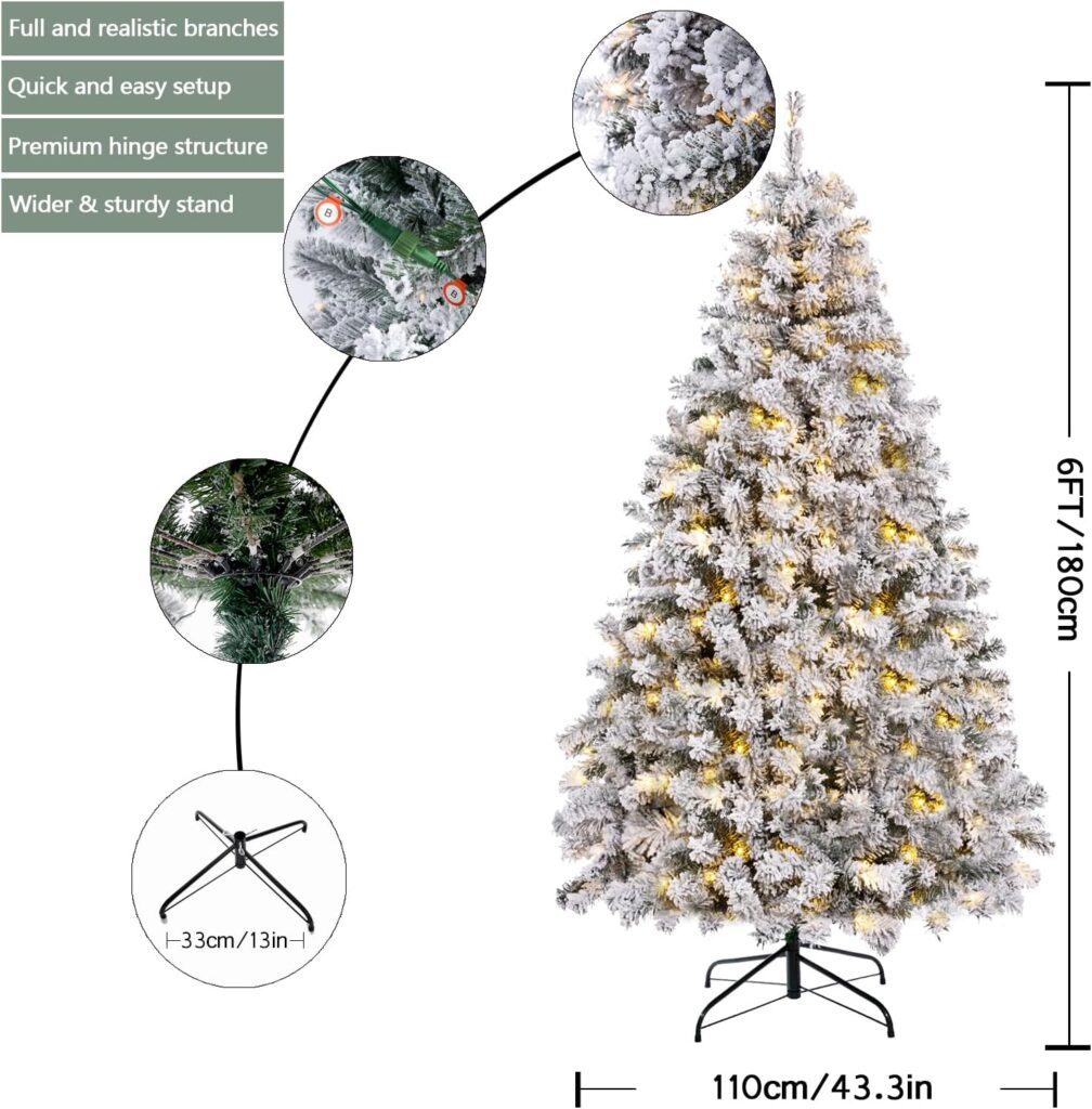 SINTEAN Prelit Christmas Tree 6FT Flocked, Premium Hinged Artificial Christmas Tree with LED Warm White Lights, Reinforced Metal Base Easy Assembly