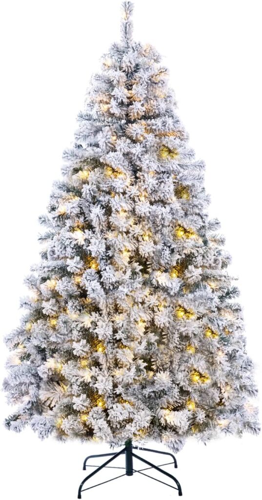 SINTEAN Prelit Christmas Tree 6FT Flocked, Premium Hinged Artificial Christmas Tree with LED Warm White Lights, Reinforced Metal Base Easy Assembly