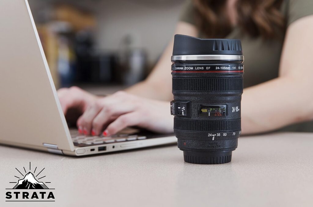 STRATA CUPS Camera Lens Coffee Mug -13.5oz | SUPER BUNDLE! (2 LIDS + SPOON) Stainless Steel Thermos, Sealed Retractable Lids! Photographer Camera Mug, Travel Coffee Cup, Coffee Mugs for Men Women