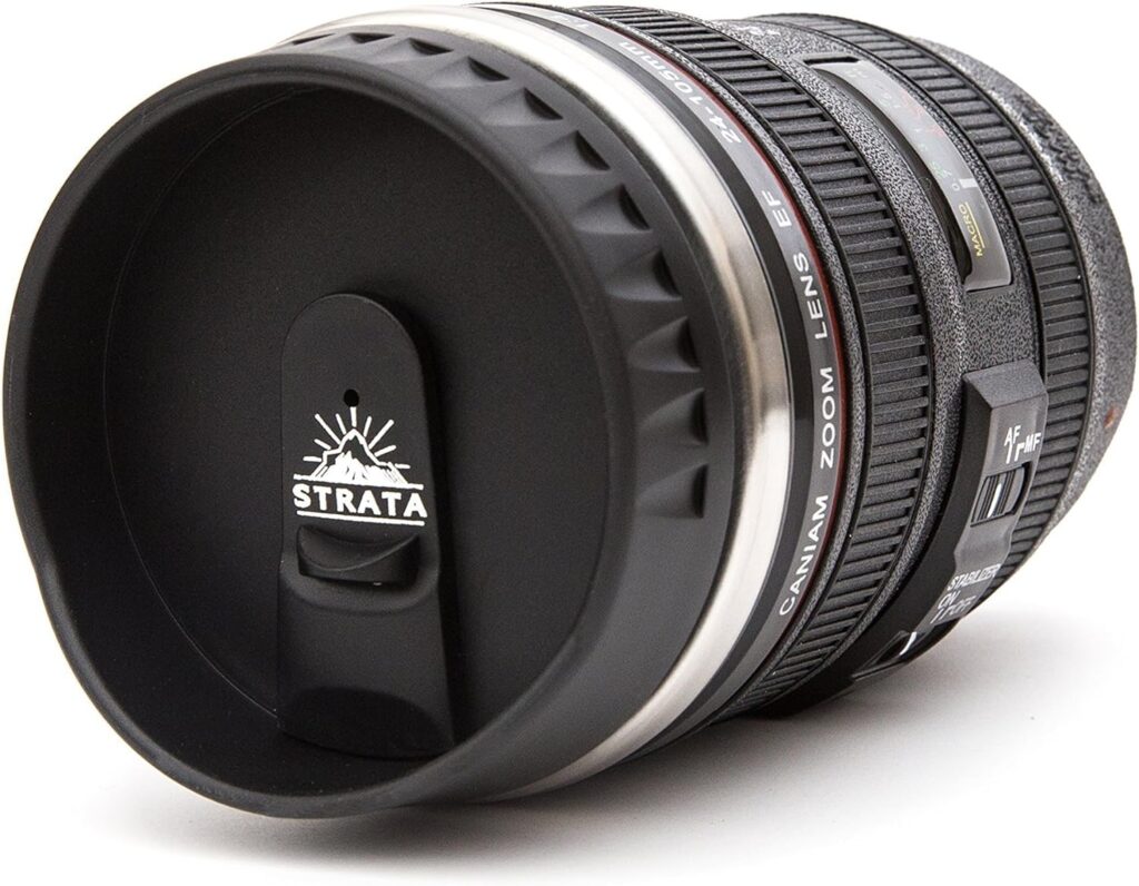 STRATA CUPS Camera Lens Coffee Mug -13.5oz | SUPER BUNDLE! (2 LIDS + SPOON) Stainless Steel Thermos, Sealed Retractable Lids! Photographer Camera Mug, Travel Coffee Cup, Coffee Mugs for Men Women