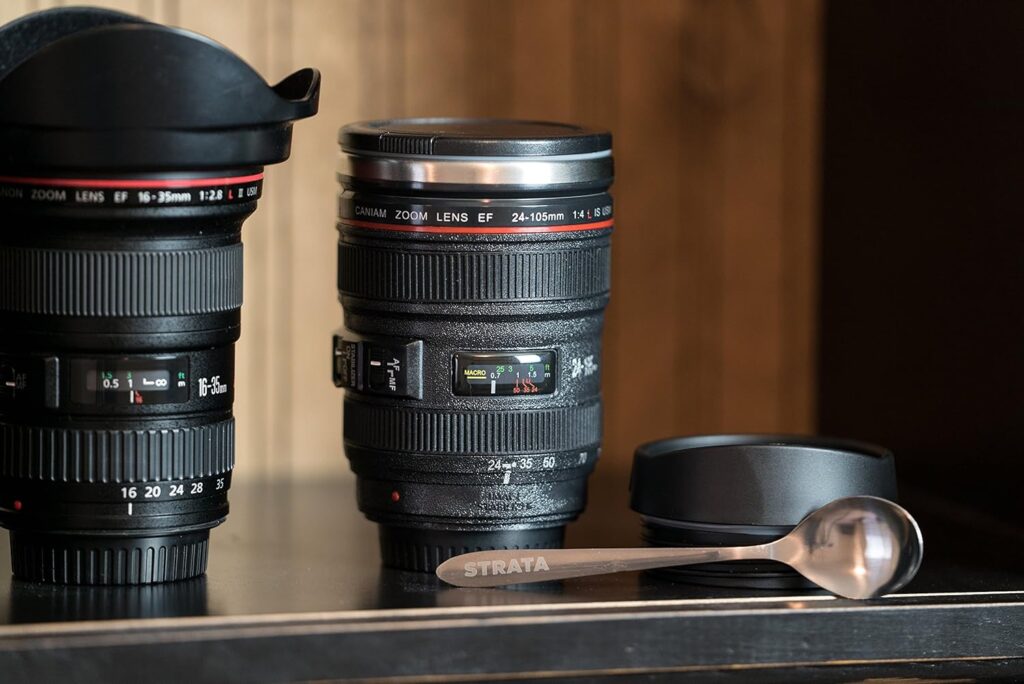 STRATA CUPS Camera Lens Coffee Mug -13.5oz | SUPER BUNDLE! (2 LIDS + SPOON) Stainless Steel Thermos, Sealed Retractable Lids! Photographer Camera Mug, Travel Coffee Cup, Coffee Mugs for Men Women
