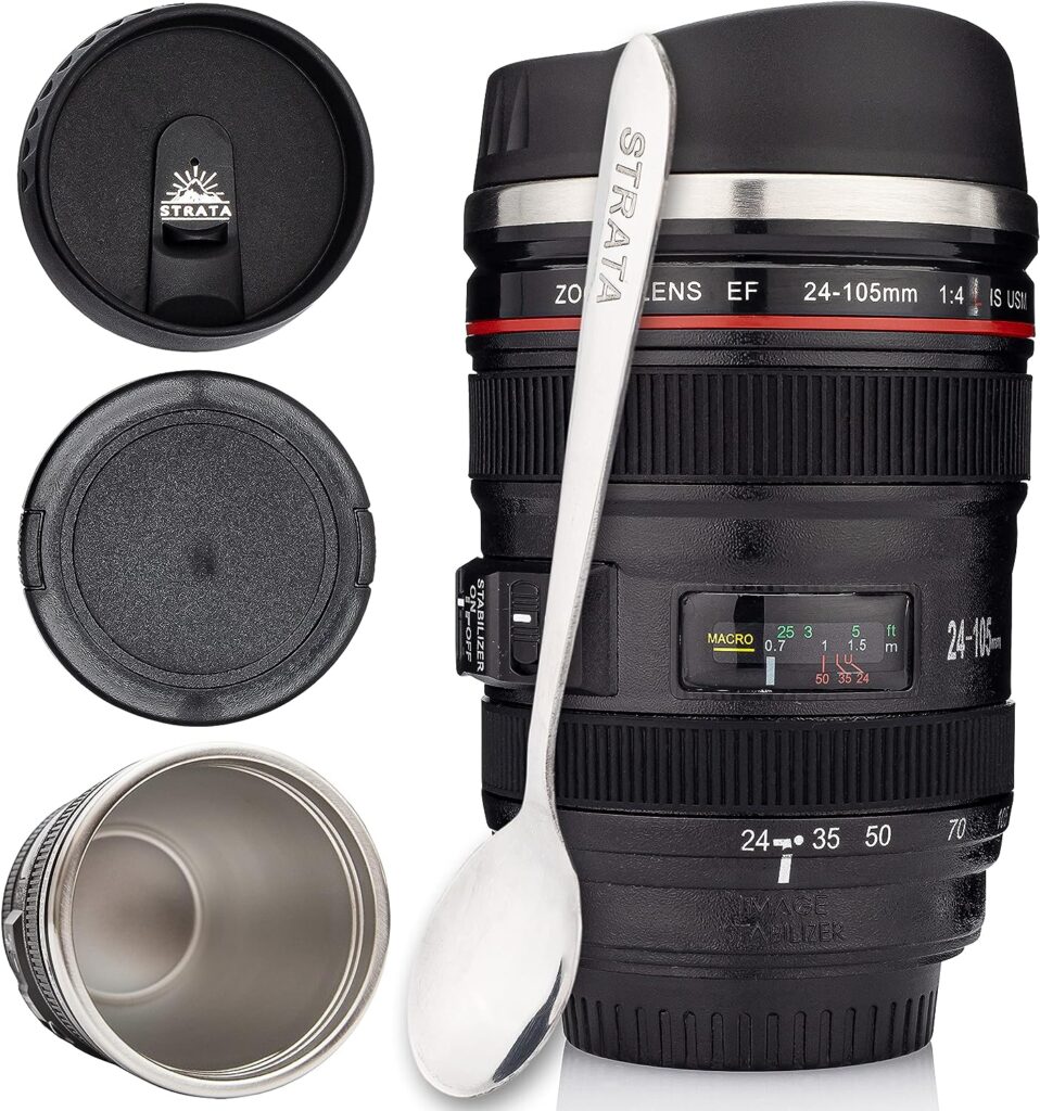 STRATA CUPS Camera Lens Coffee Mug -13.5oz | SUPER BUNDLE! (2 LIDS + SPOON) Stainless Steel Thermos, Sealed Retractable Lids! Photographer Camera Mug, Travel Coffee Cup, Coffee Mugs for Men Women