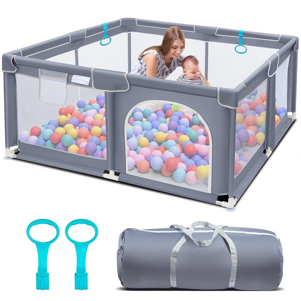 Suposeu Baby Playpen for Toddler, 50”×50” Large Baby Playard, Indoor Outdoor Kids Activity Center, Sturdy Safety Play Yard with Soft Breathable Mesh (Grey)