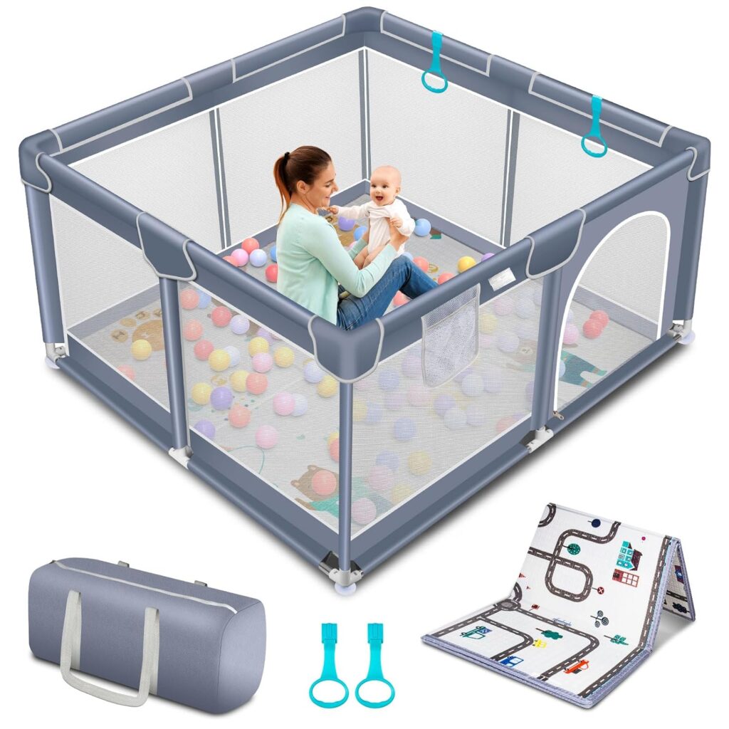 Suposeu Baby Playpen for Toddler, 50”×50” Large Baby Playard, Indoor Outdoor Kids Activity Center, Sturdy Safety Play Yard with Soft Breathable Mesh (Grey)