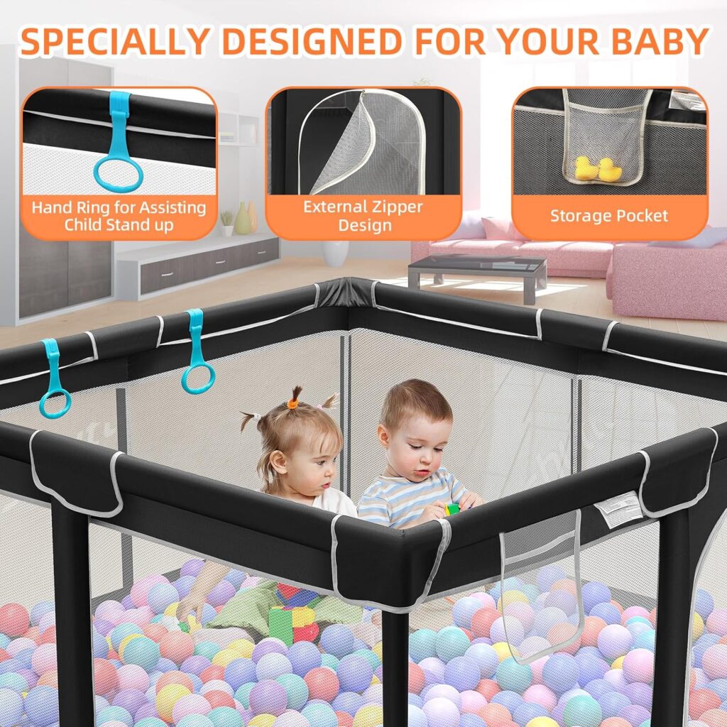 Suposeu Baby Playpen for Toddler, 50”×50” Large Baby Playard, Indoor Outdoor Kids Activity Center, Sturdy Safety Play Yard with Soft Breathable Mesh (Grey)