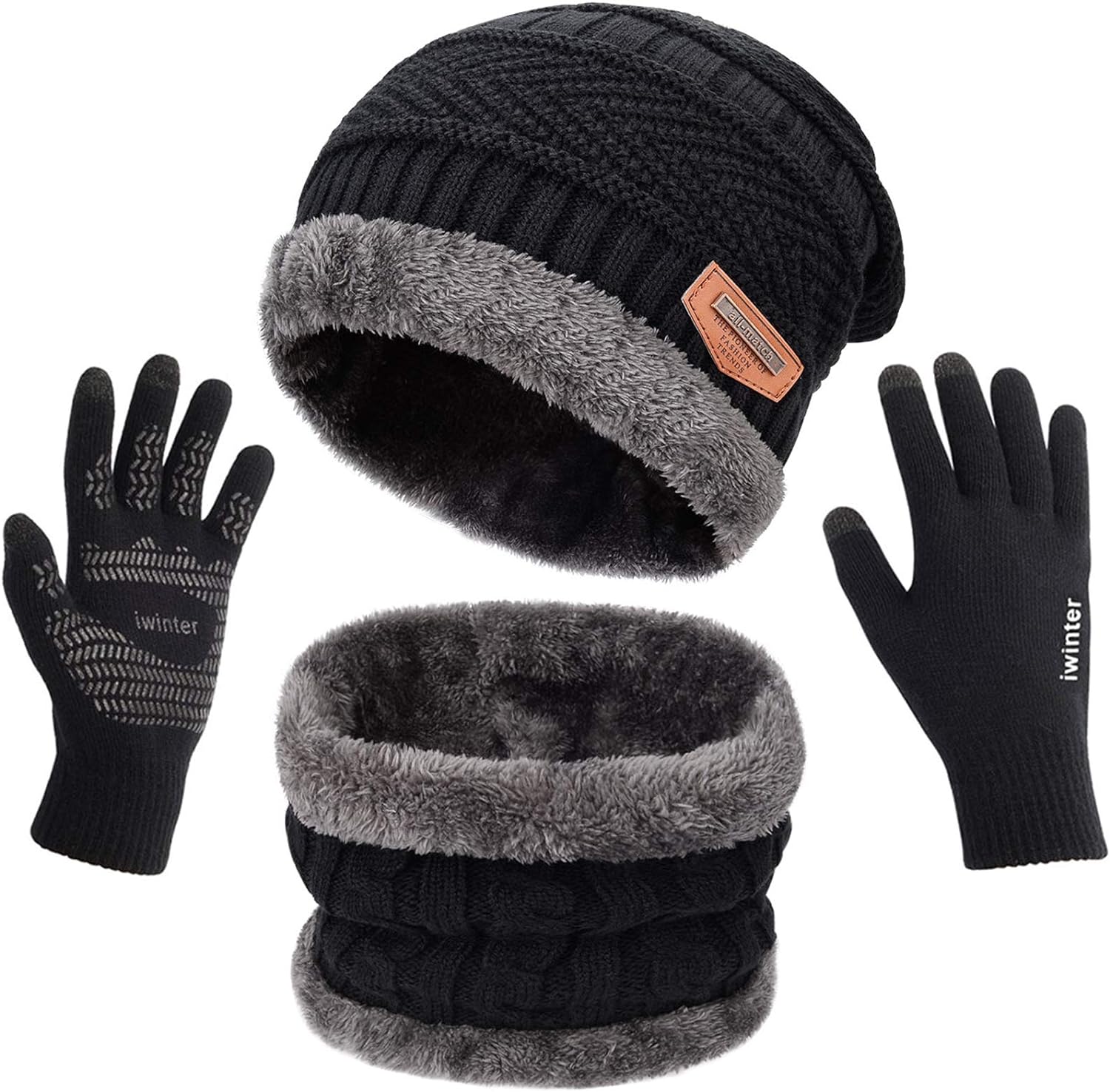 Winter beanie hat neck scarf and touch screen gloves