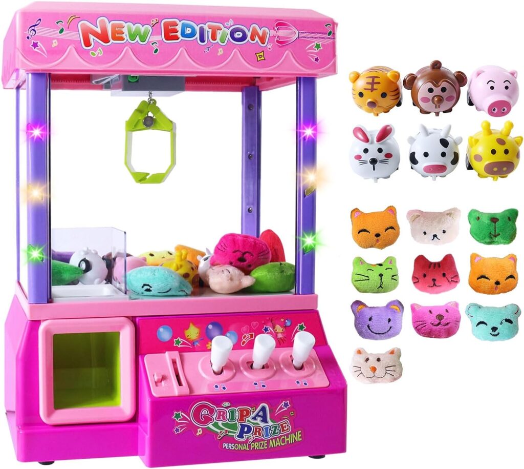 Yasola Claw Machine for Kids,Mini Vending Machines, Arcade Candy Claw Game Prizes Grabber Toy for Home,Prize Dispenser Toys for Girls with Lights Sound（16 Random Mini Toys ）