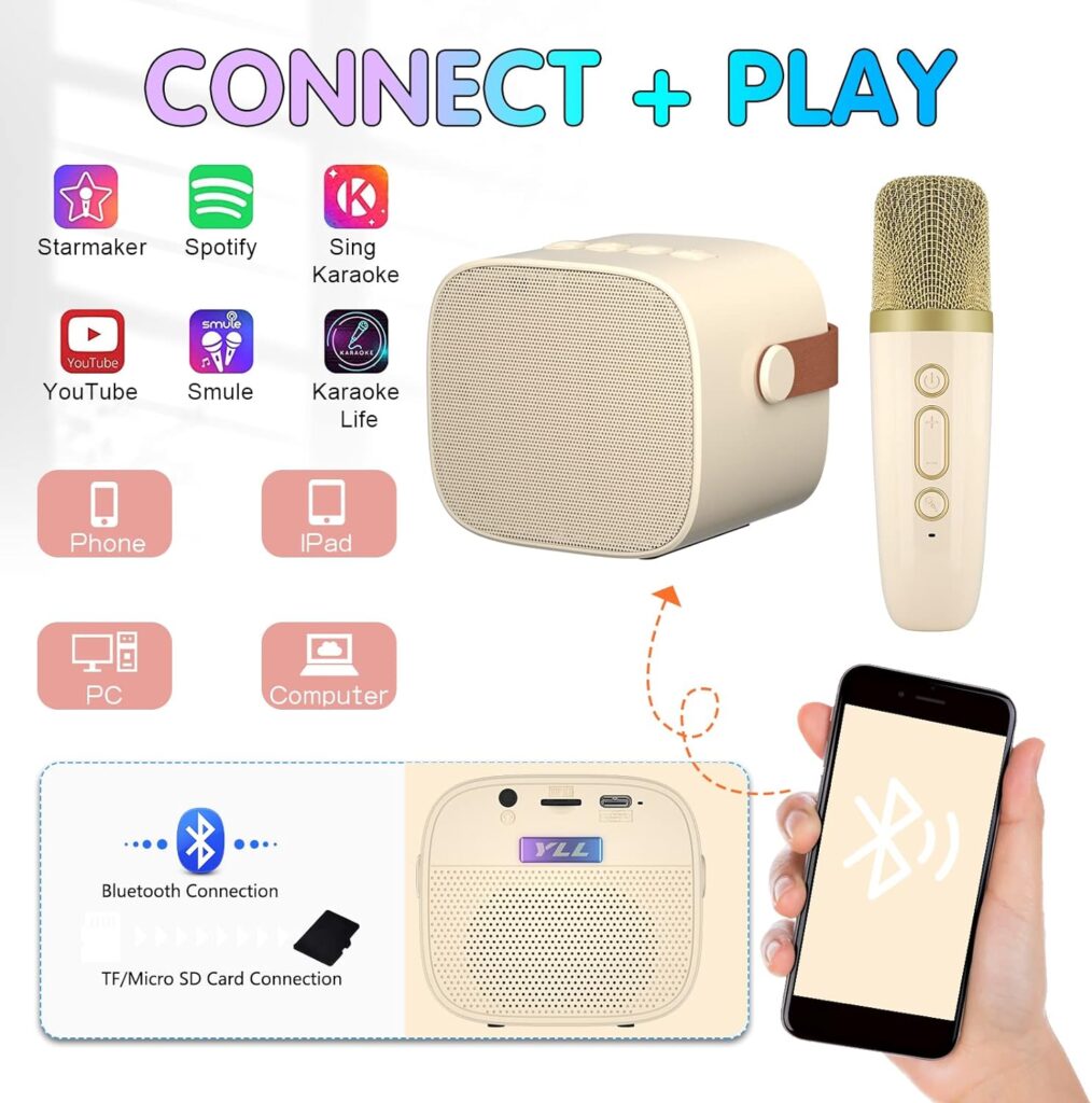 YLL Kids Karaoke Machine, Portable Bluetooth Speaker with Wireless Microphone for Adults, Karaoke Toys Gifts for Girls Ages 4, 5, 6, 7, 8, 9, 10, 12 +Year Old Birthday Party (Beige)