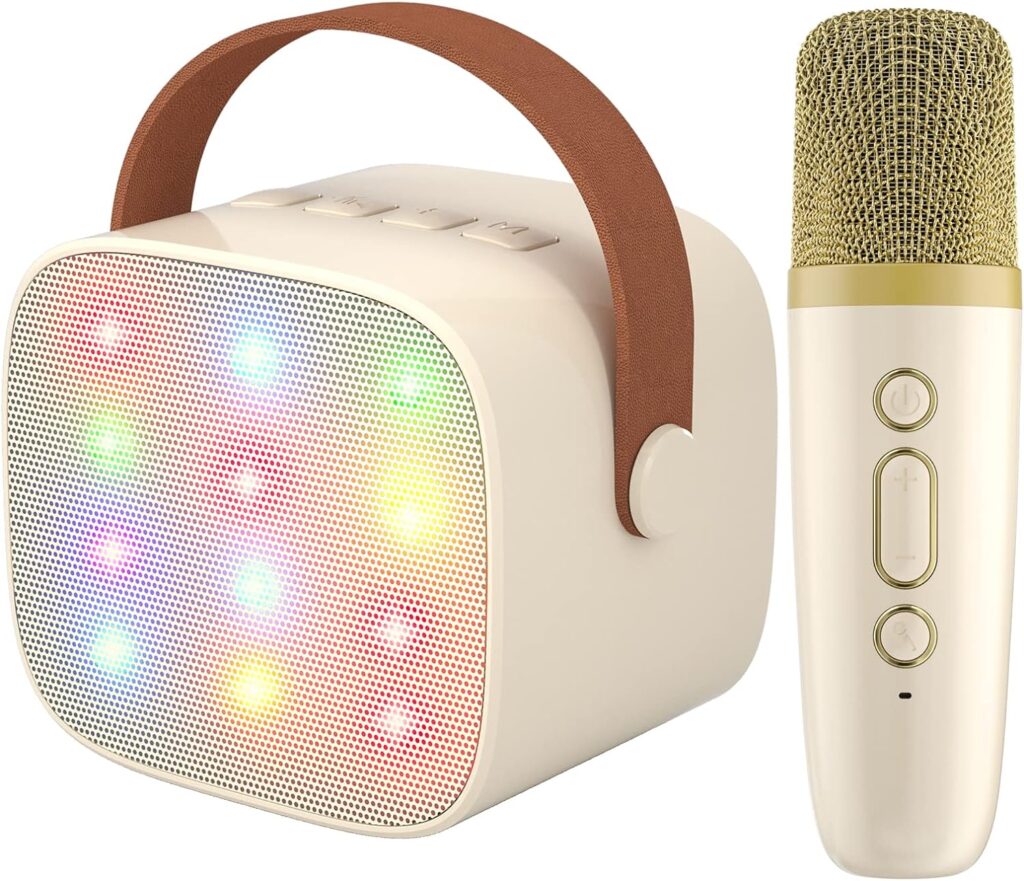 YLL Kids Karaoke Machine, Portable Bluetooth Speaker with Wireless Microphone for Adults, Karaoke Toys Gifts for Girls Ages 4, 5, 6, 7, 8, 9, 10, 12 +Year Old Birthday Party (Beige)